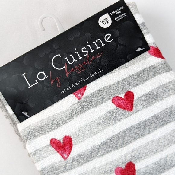 Kitchen Towel Set Of Four (4) Hearts & Stripes  On White (2) Solid Grey NWT - Picture 2 of 10